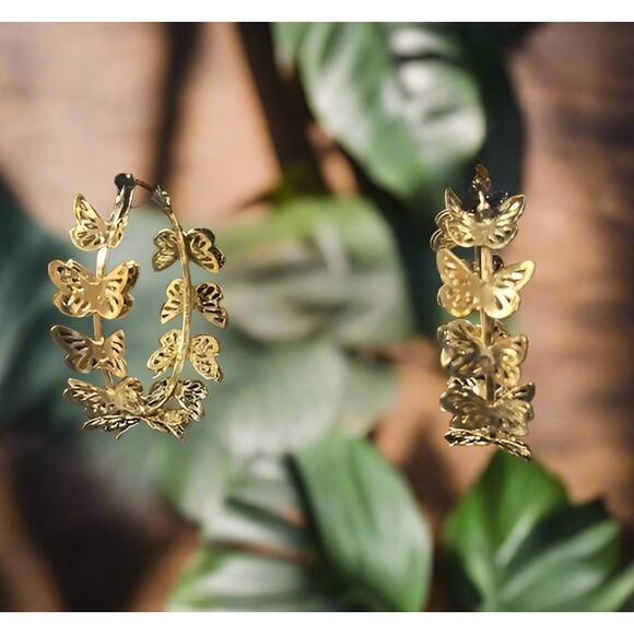 Pierced 2" gold layered cutout butterfly hoop earrings - Picture 1 of 4